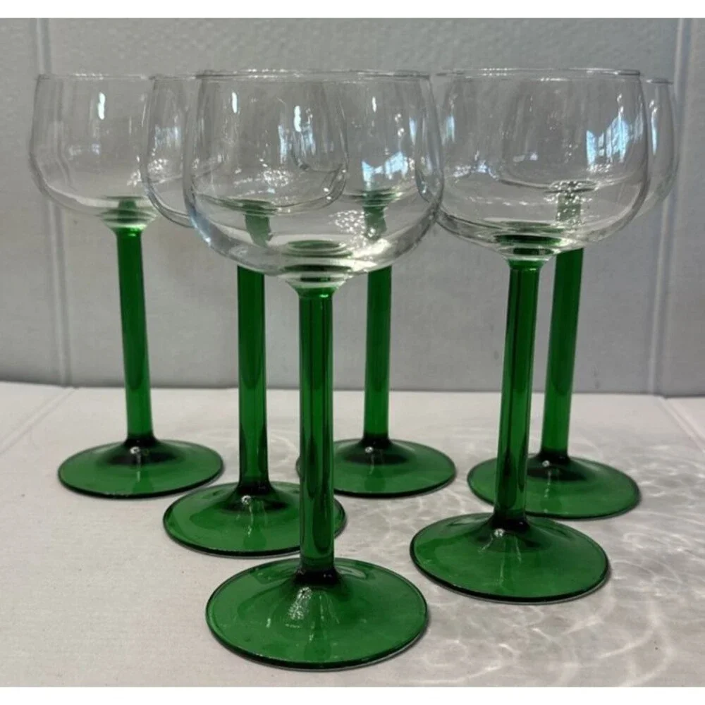 Vintage Set of 6 French Luminarc Green Straight Stem Hock Wine Glasses 6